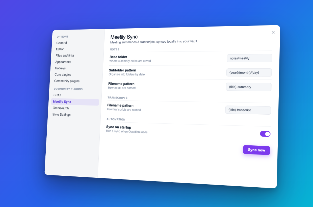 Meetily Sync settings