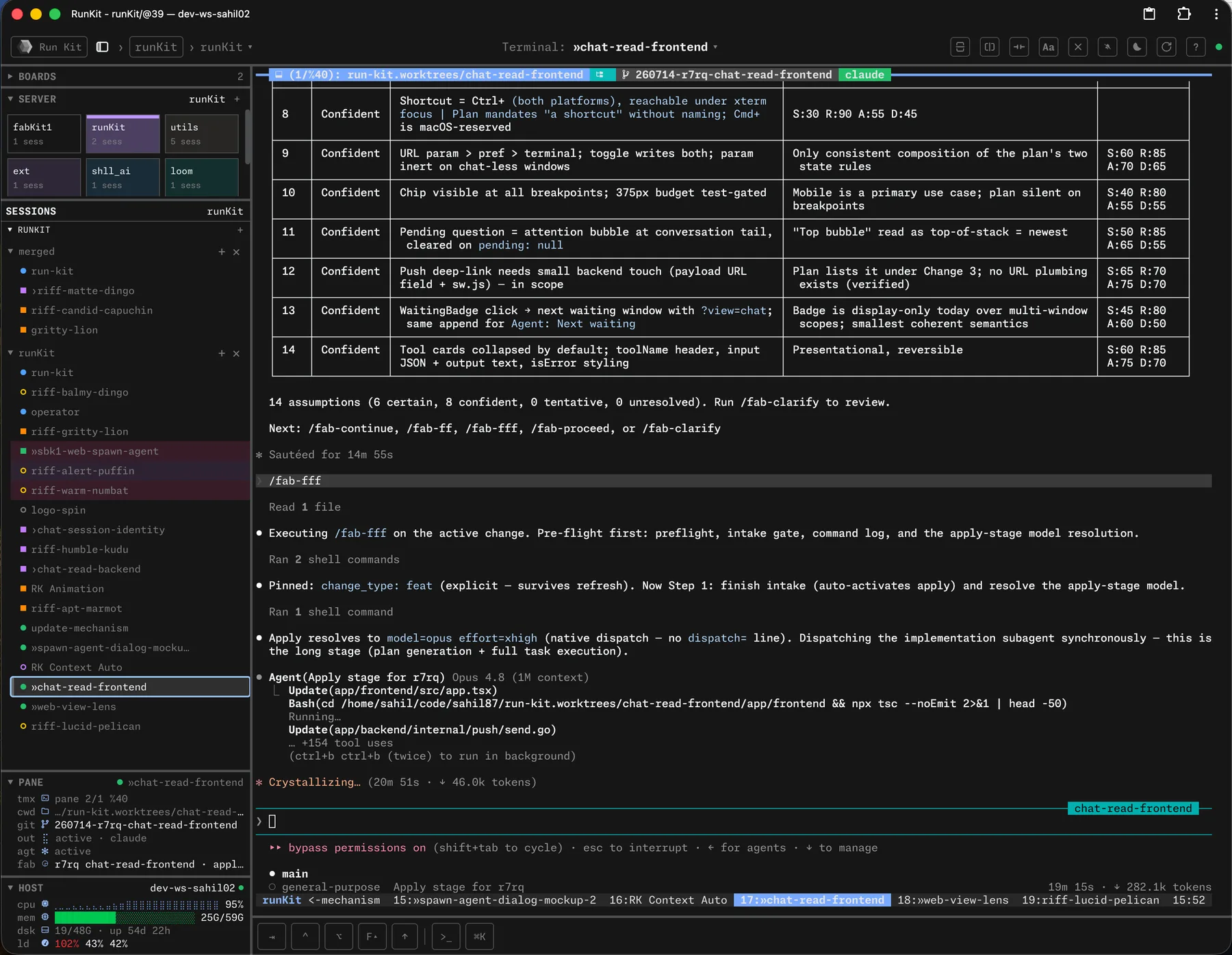 Desktop — driving an AI coding agent from the dashboard: boards and sessions in the sidebar, a live agent pane mid-task, host stats