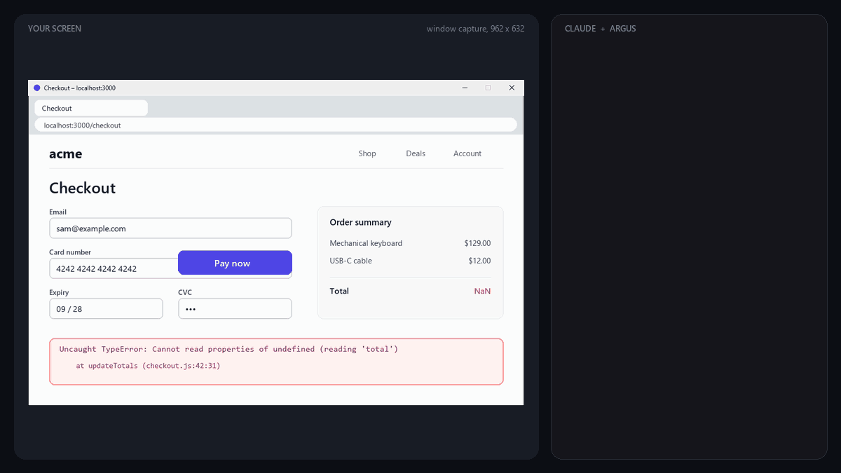 Argus demo: an AI looks at a broken checkout page, zooms into the error by grid cell, and a password manager is blacked out before the capture is sent