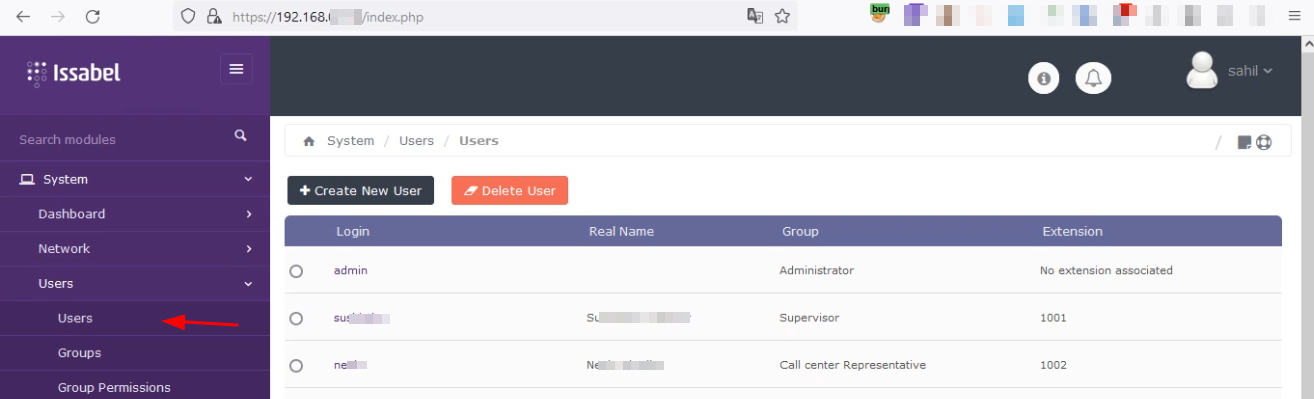 Login do Issabel PBX