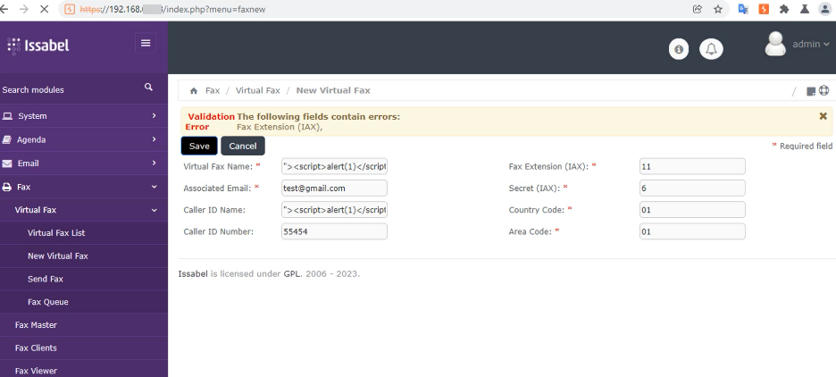 Step 2 - Injecting XSS payload into Virtual Fax Name and Caller ID Name fields