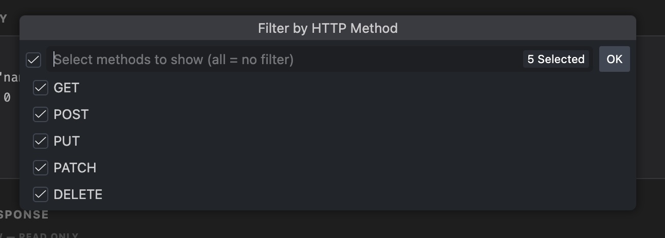 Filter by HTTP method picker showing GET, POST, PUT, PATCH, DELETE