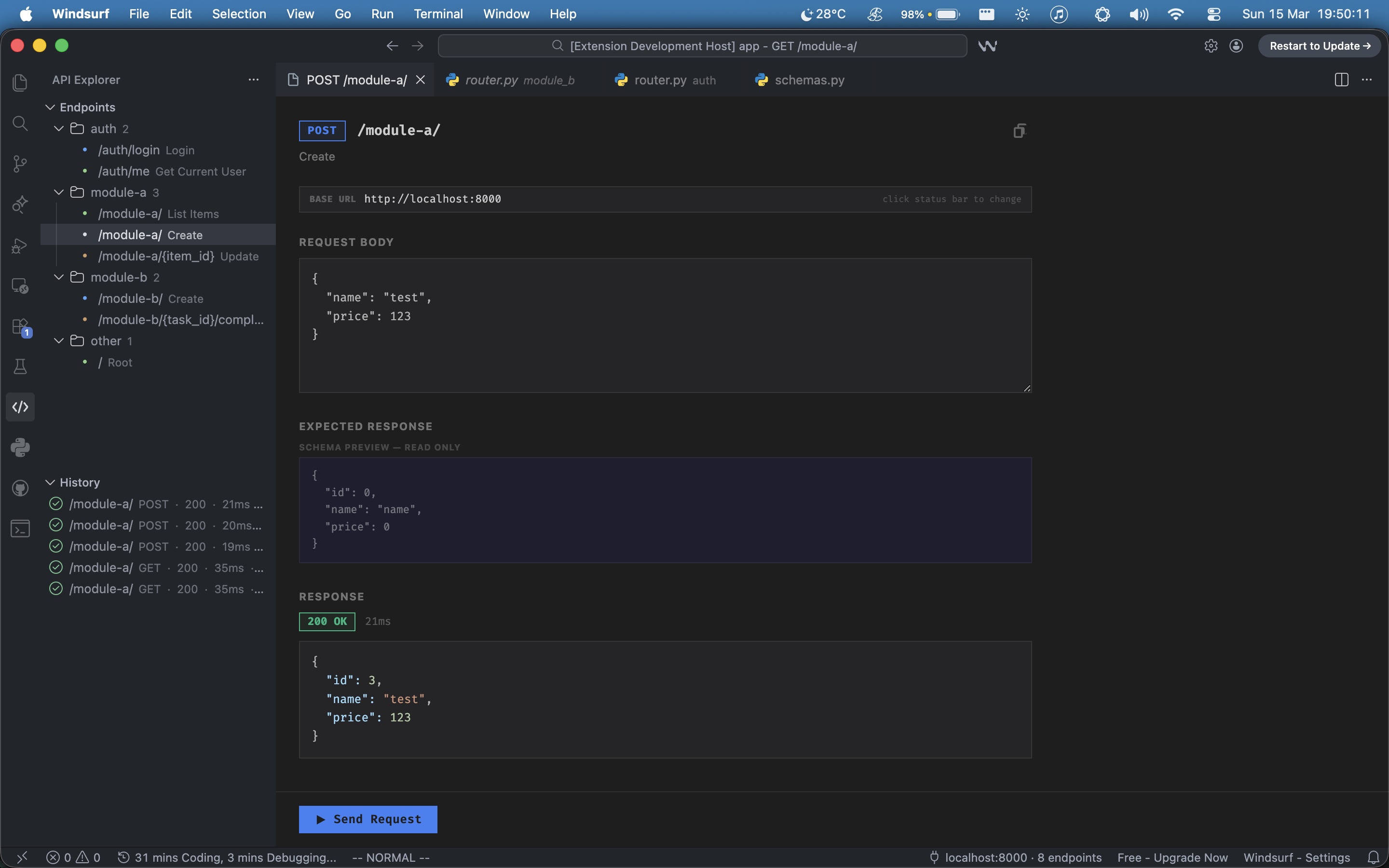 Request panel with history showing multiple POST and GET requests
