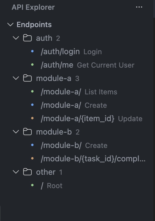 Sidebar showing endpoints grouped by module: auth, module-a, module-b