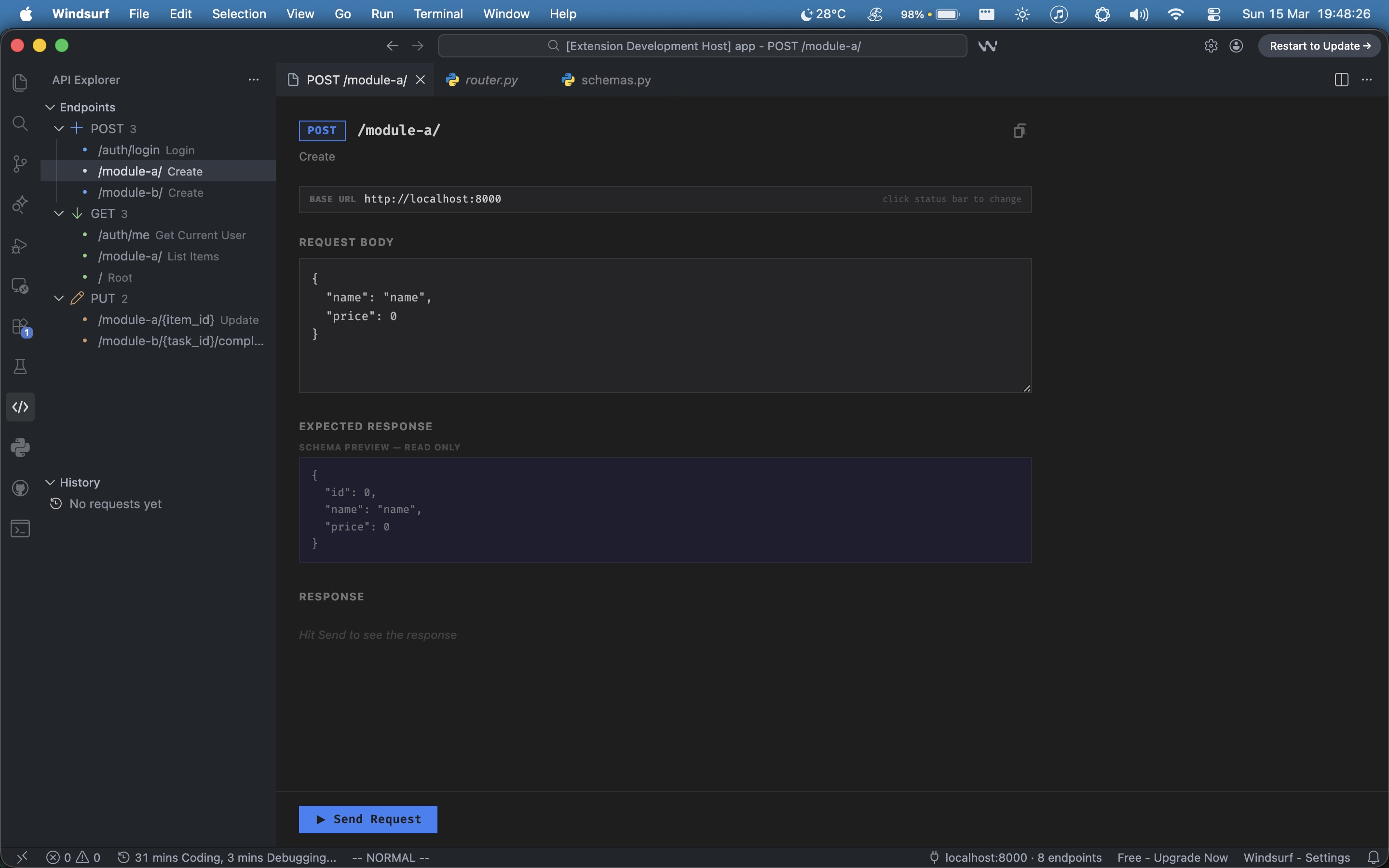 Request panel showing POST /module-a/ with pre-filled request body and expected response schema