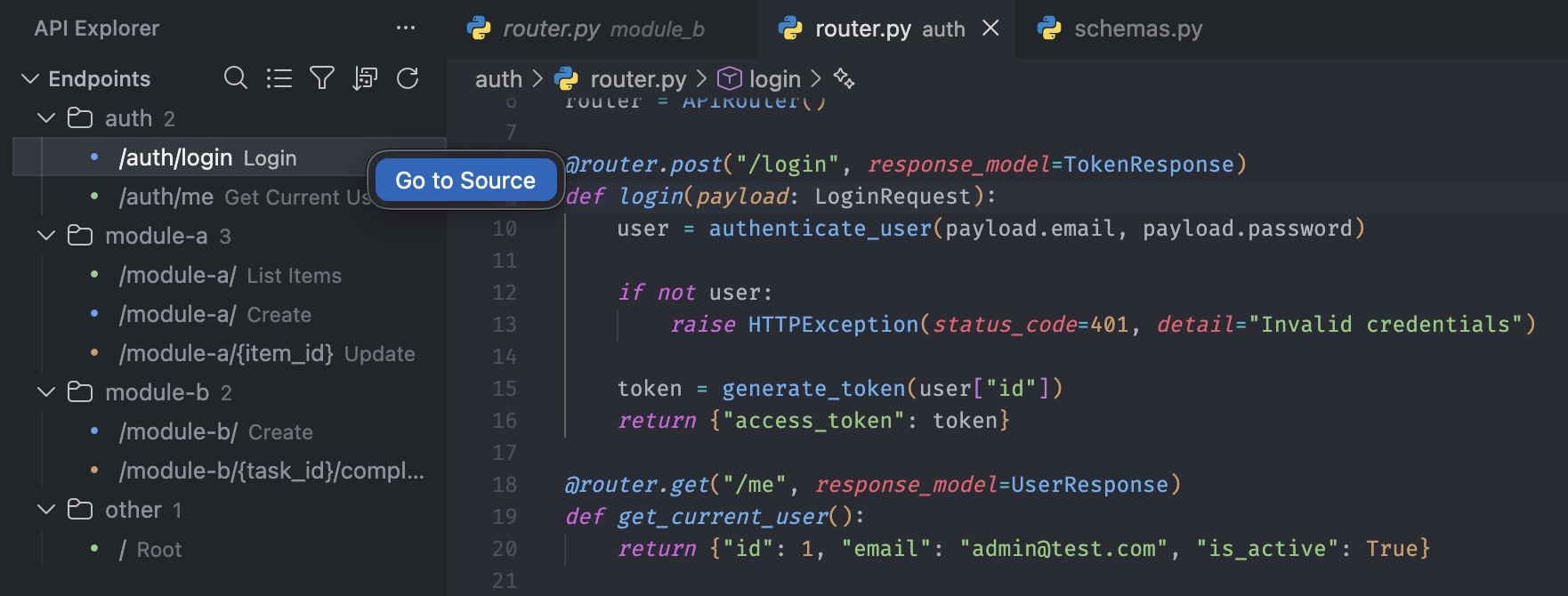 Source navigation jumping from /auth/login in the sidebar to the login function in router.py