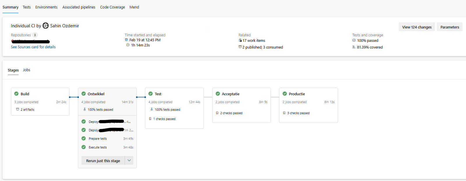 Azure DevOps pipeline showing Build, Development, Test, Acceptance and Production stages with 100% tests passed on Dev and Test