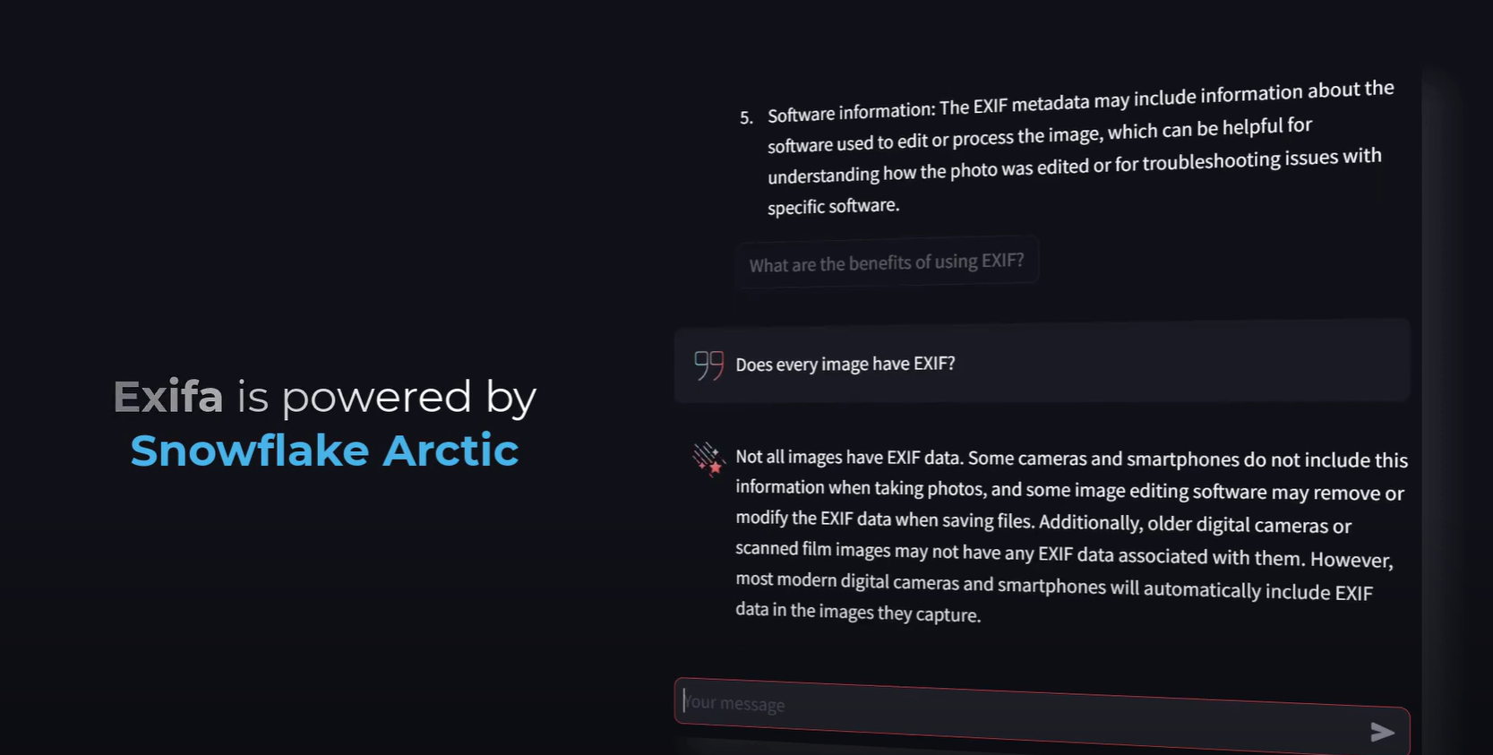 Exifa is powered by Snowflake