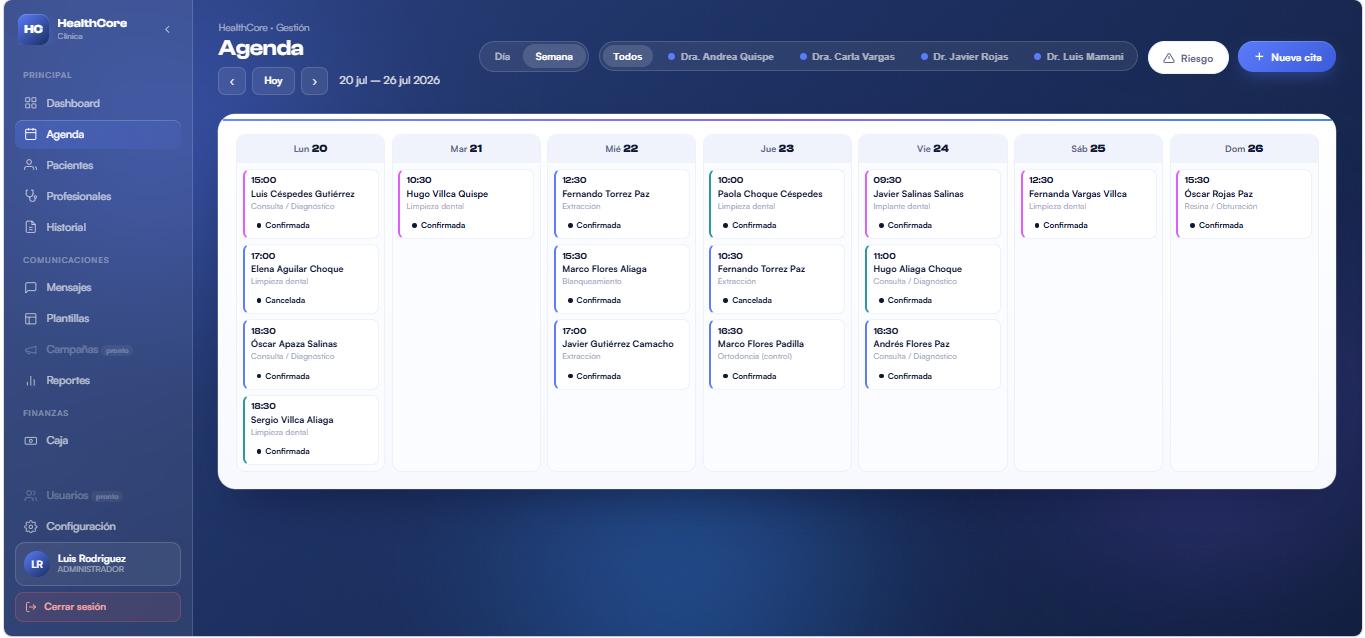 Agenda del día en HealthCore