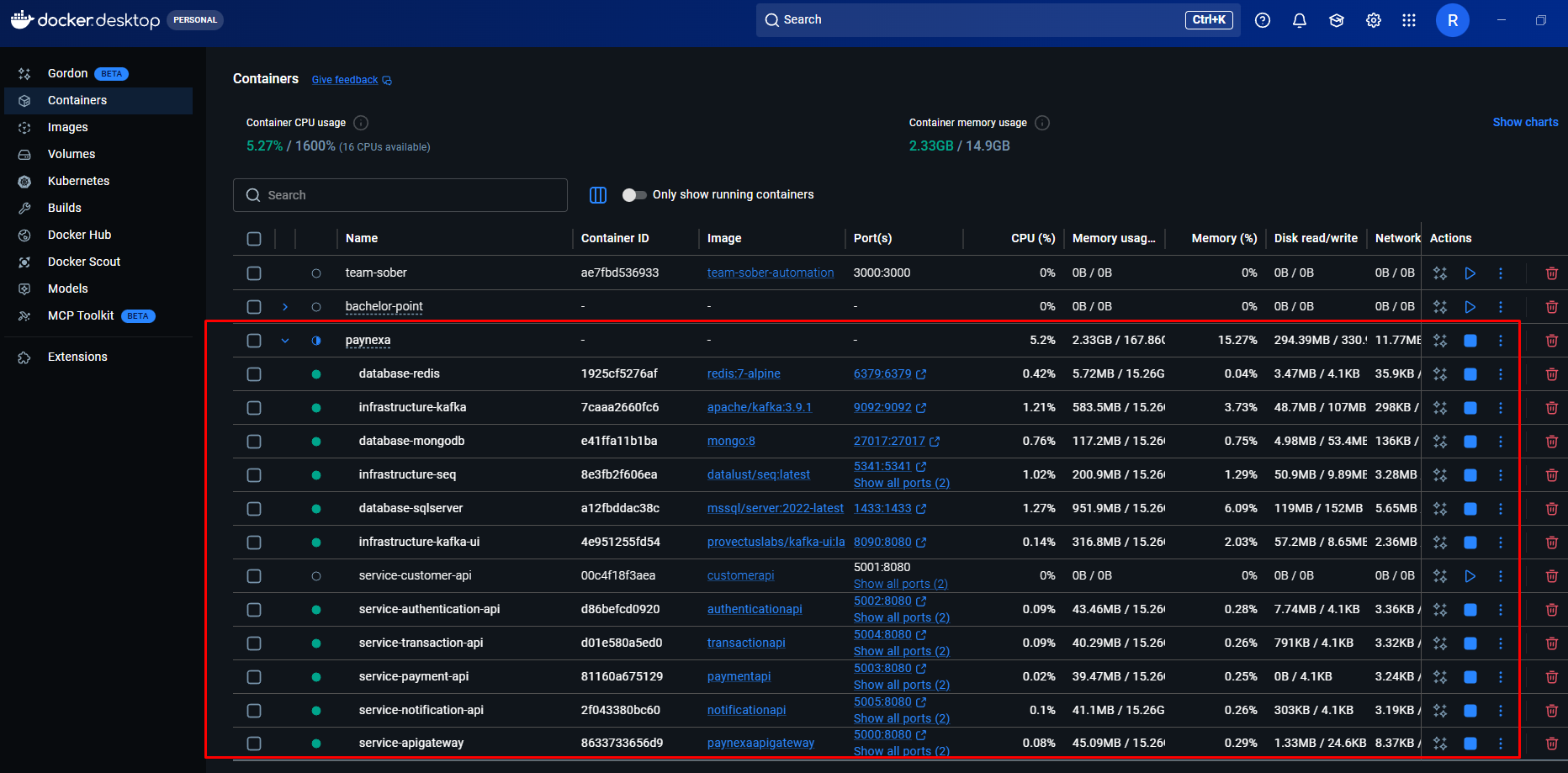 Docker Desktop showing the paynexa stack