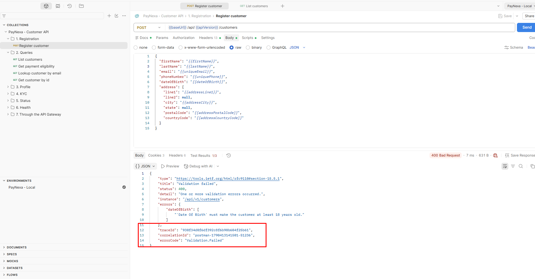 Postman showing a 400 response with traceId and correlationId