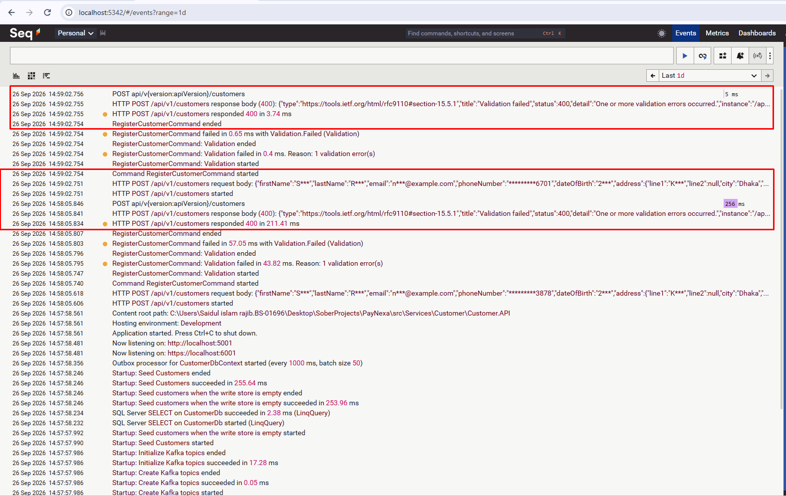 Seq showing masked request and response bodies