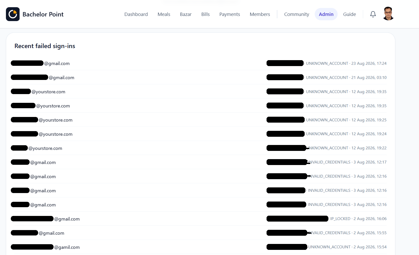 Recent failed sign-ins with reason codes