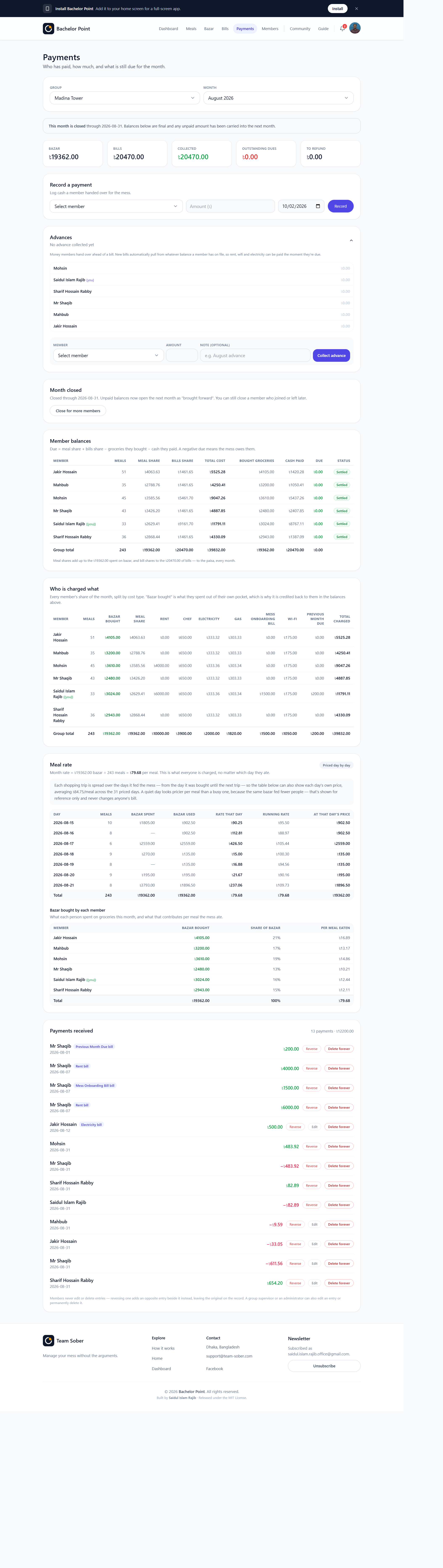 Full Payments page: balances, charges, meal rate, payment history