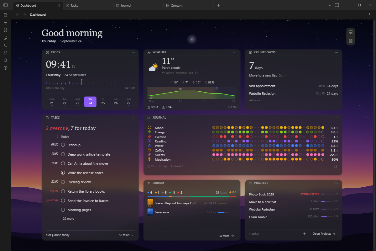 The dashboard: a clock, the weather, countdowns, tasks, the journal, the library and projects on one board