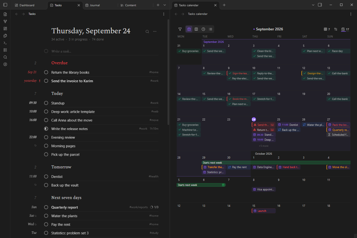 The task list, grouped by when things are due, next to the month's calendar