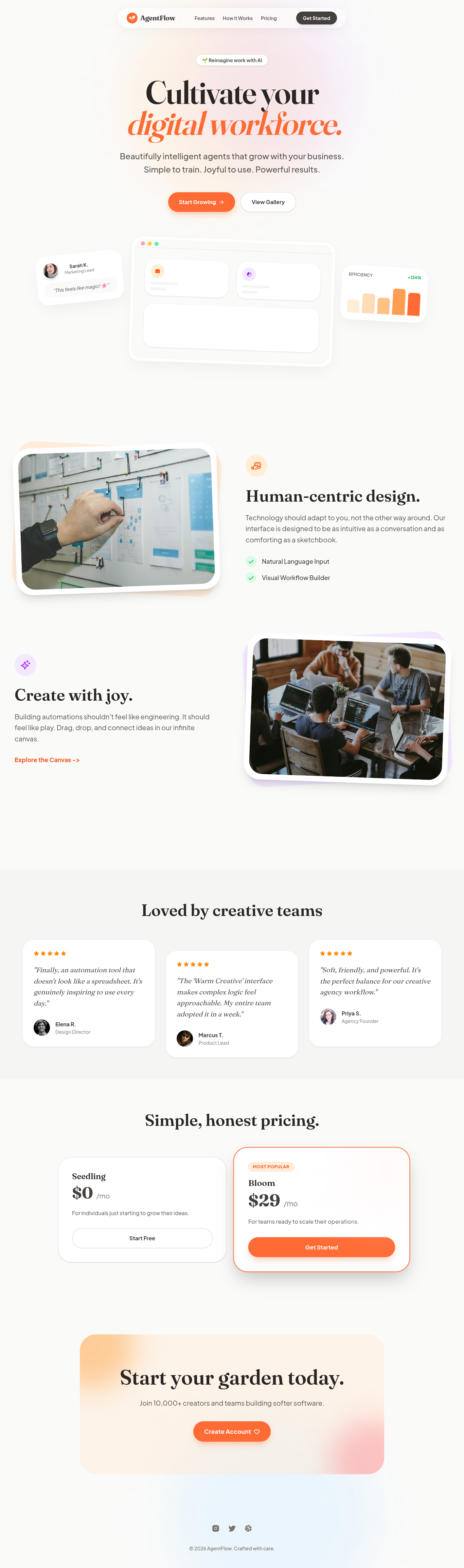 AgentFlow - Warm Creative SaaS Landing