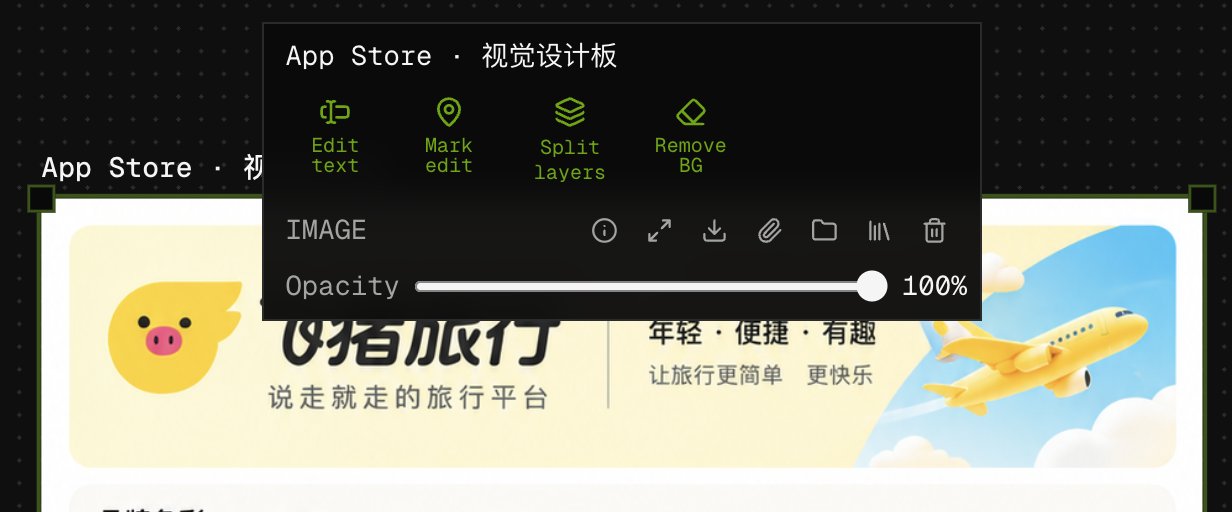 Image asset toolbar skills — Edit text, Mark edit, Split layers, Remove BG