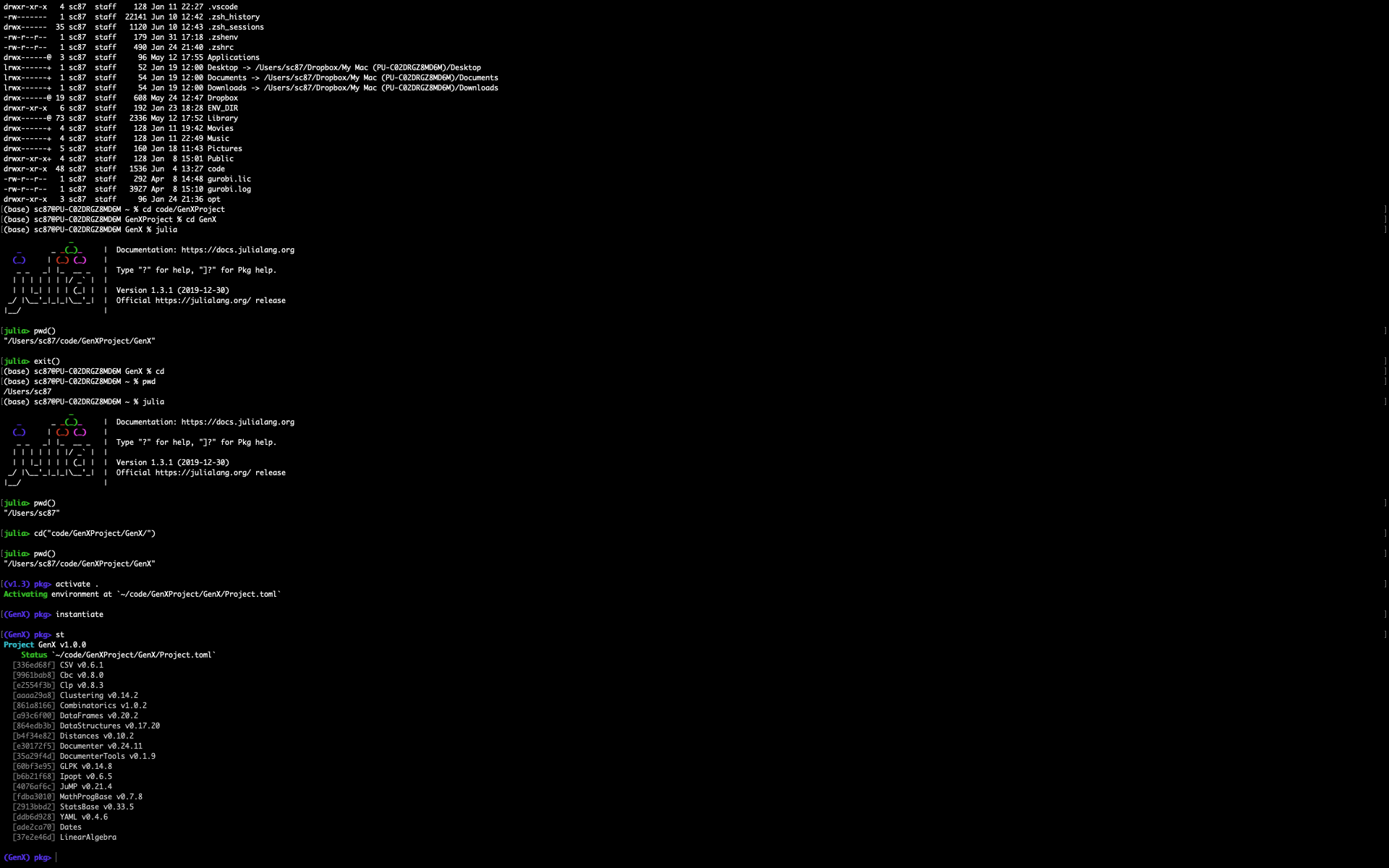 Creating the Julia environment and installing dependencies from Project.toml file from outside the GenX folder: Steps 5-6