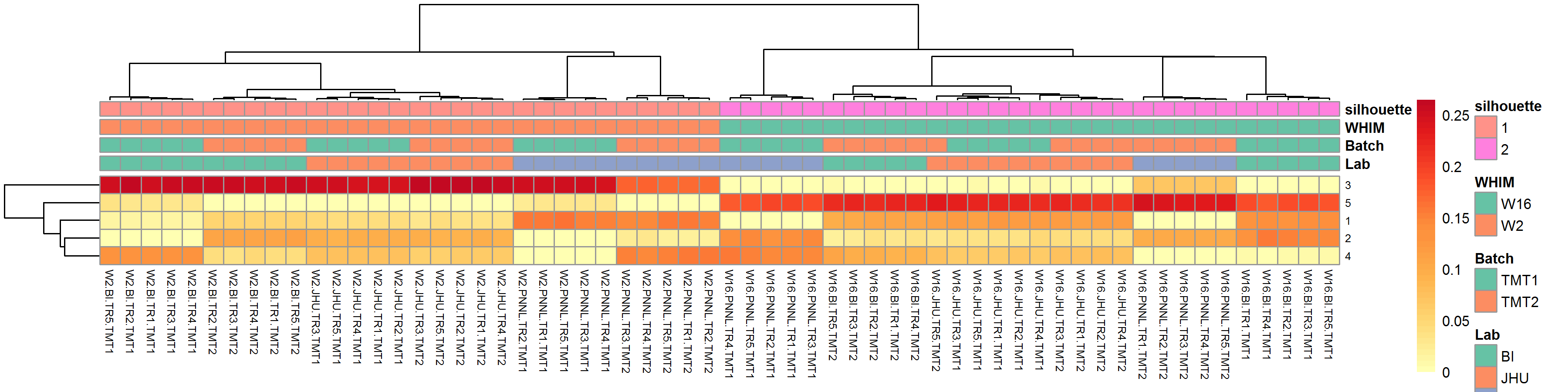 **Figure 10A-10B.** Heat map visualization of protein NMF results with default method  (results from method = "lee" not shown). Left: concensus; right: coefficients; metagenes not shown.