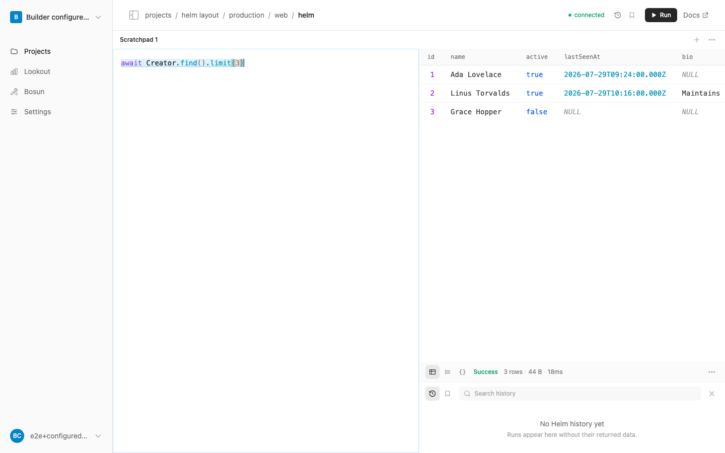 Helm with a Sails query and a structured table result