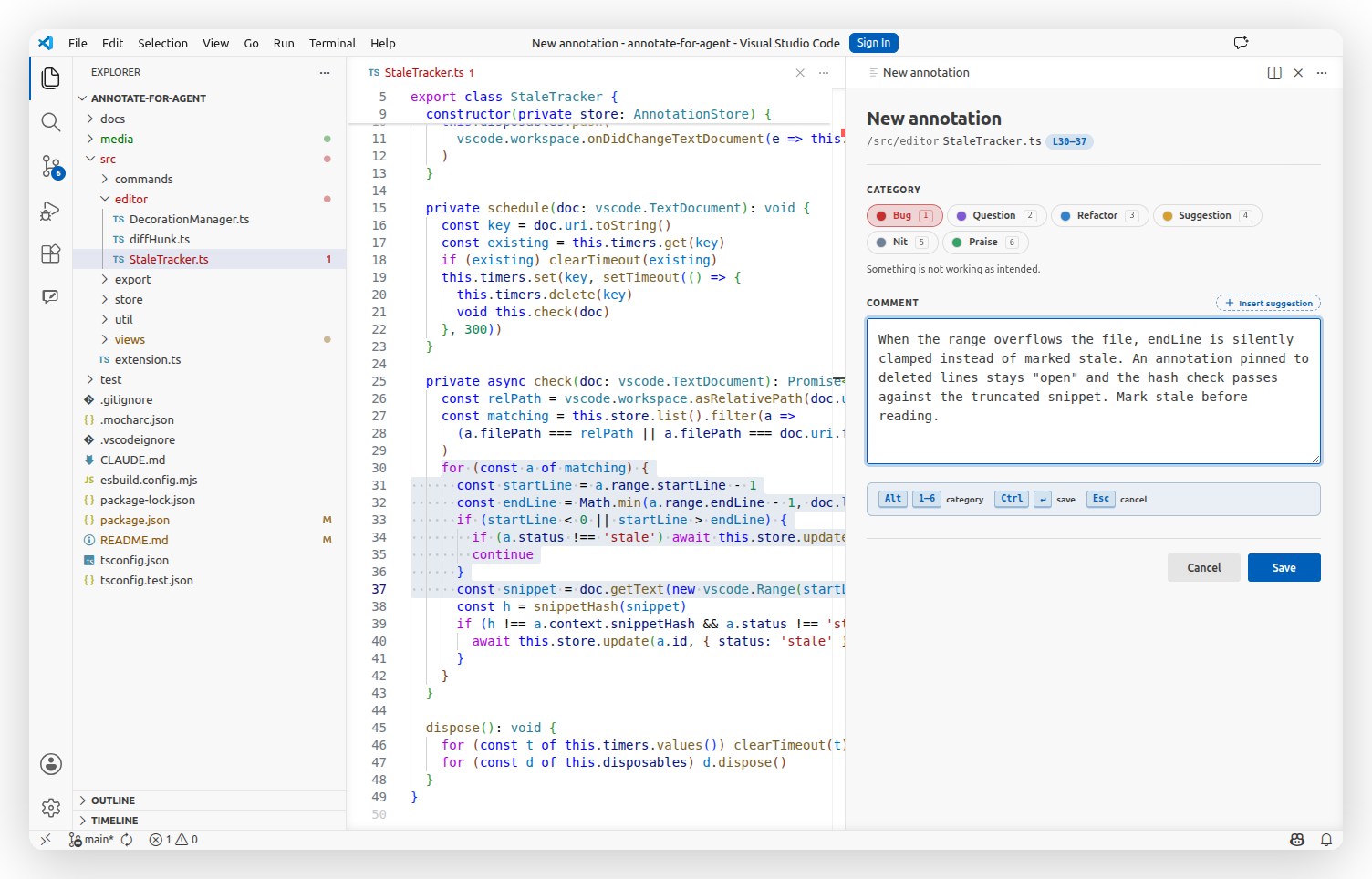 Annotation panel open beside code, Bug category selected, comment typed