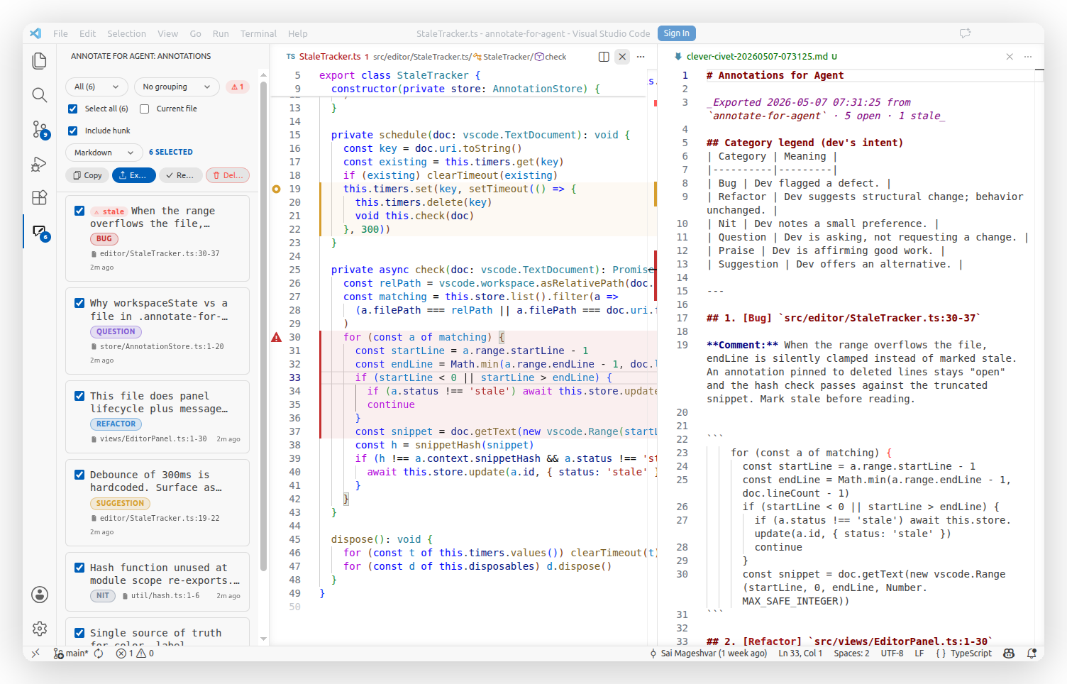 Source code on the left, exported Markdown with structured feedback blocks on the right