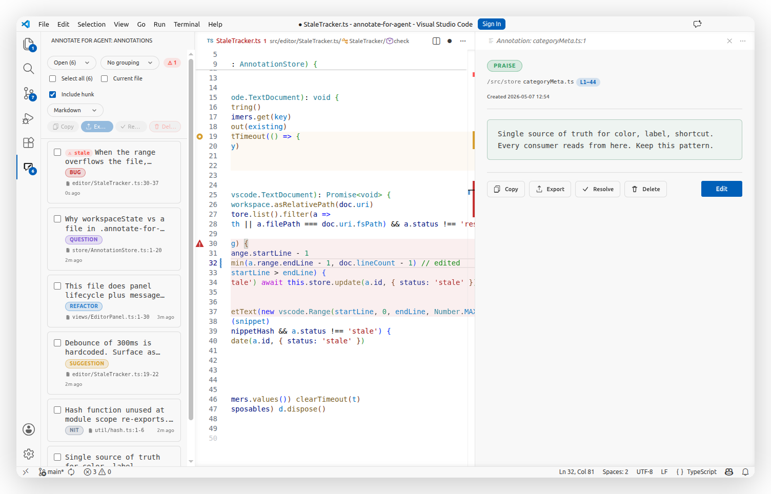 Sidebar list with six annotations across files, one marked stale