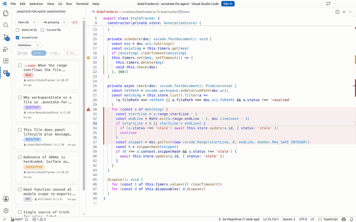 Select code, annotate, export — agent applies the fix.