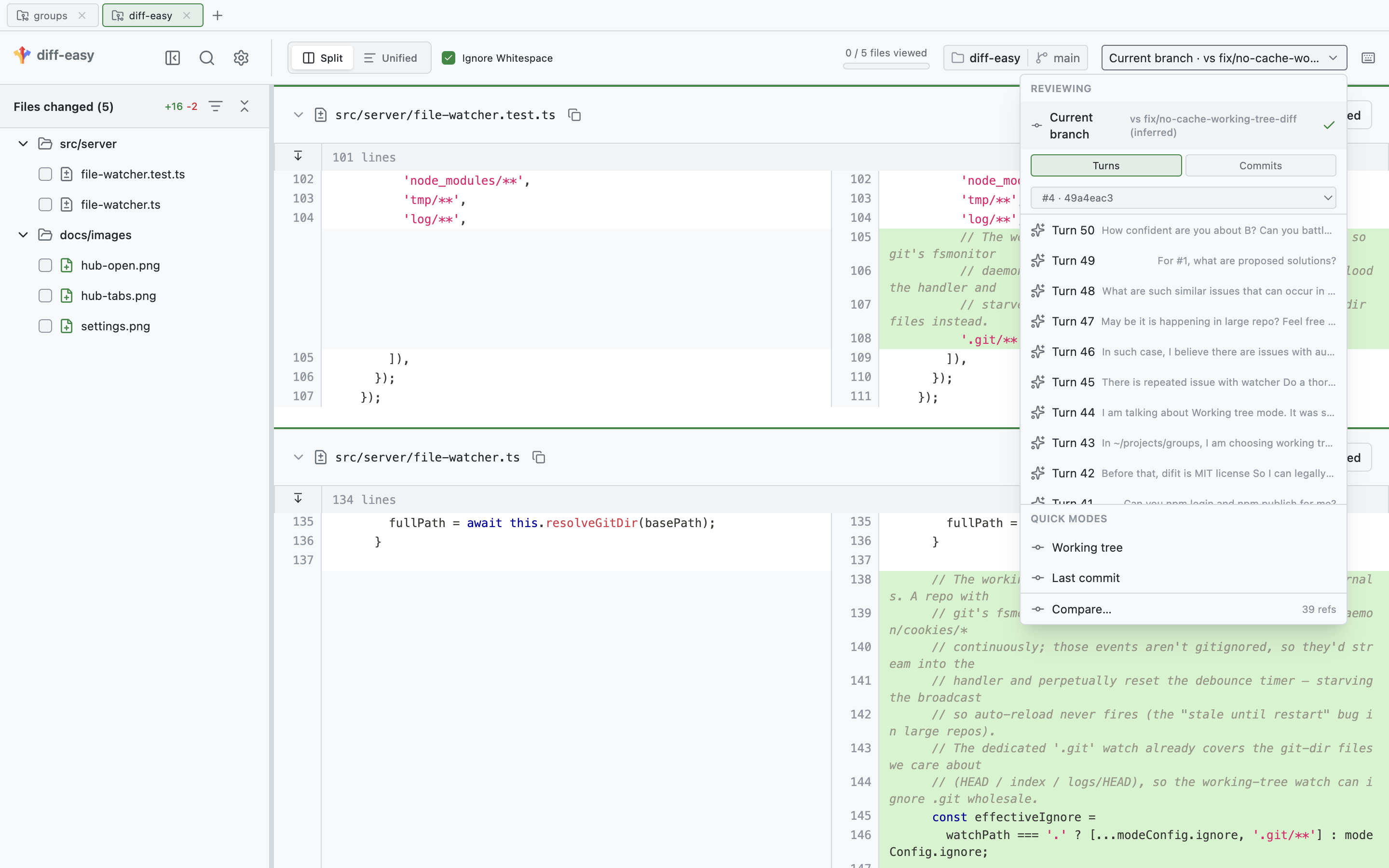 Agent turn timeline — sessions and per-turn diffs