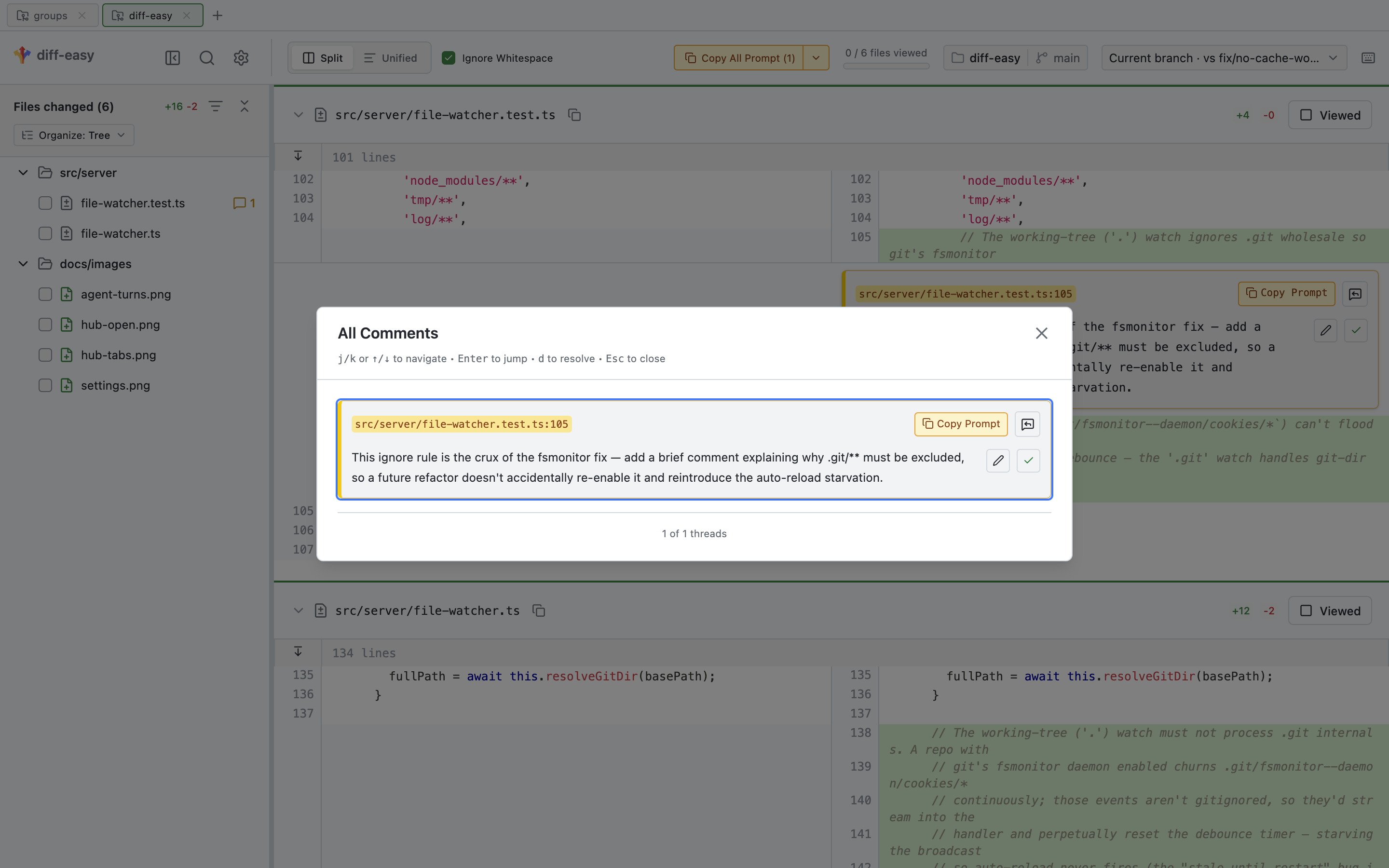 Review comments with copy-to-agent prompt