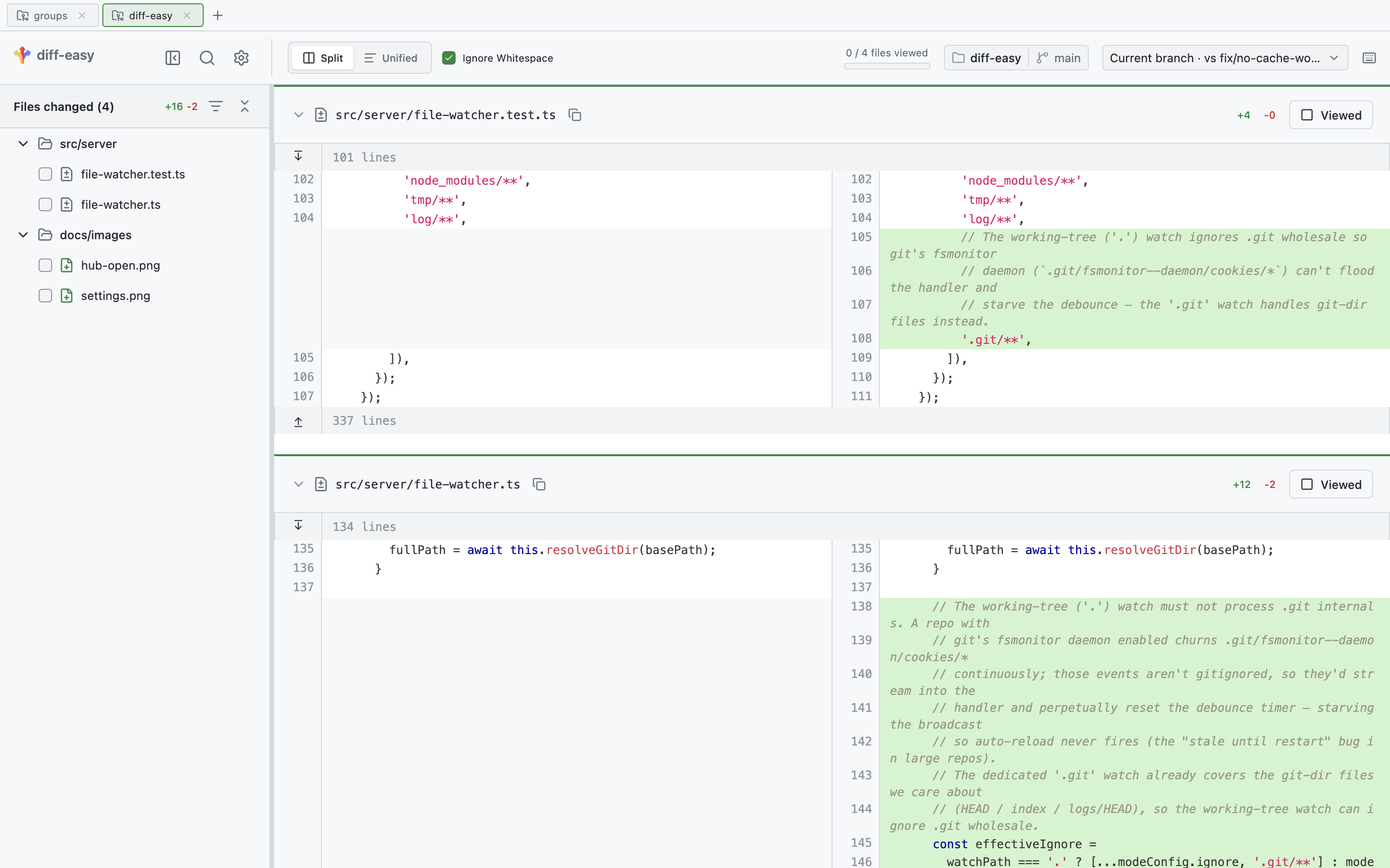 diff-easy hub — tabbed multi-repo diff view