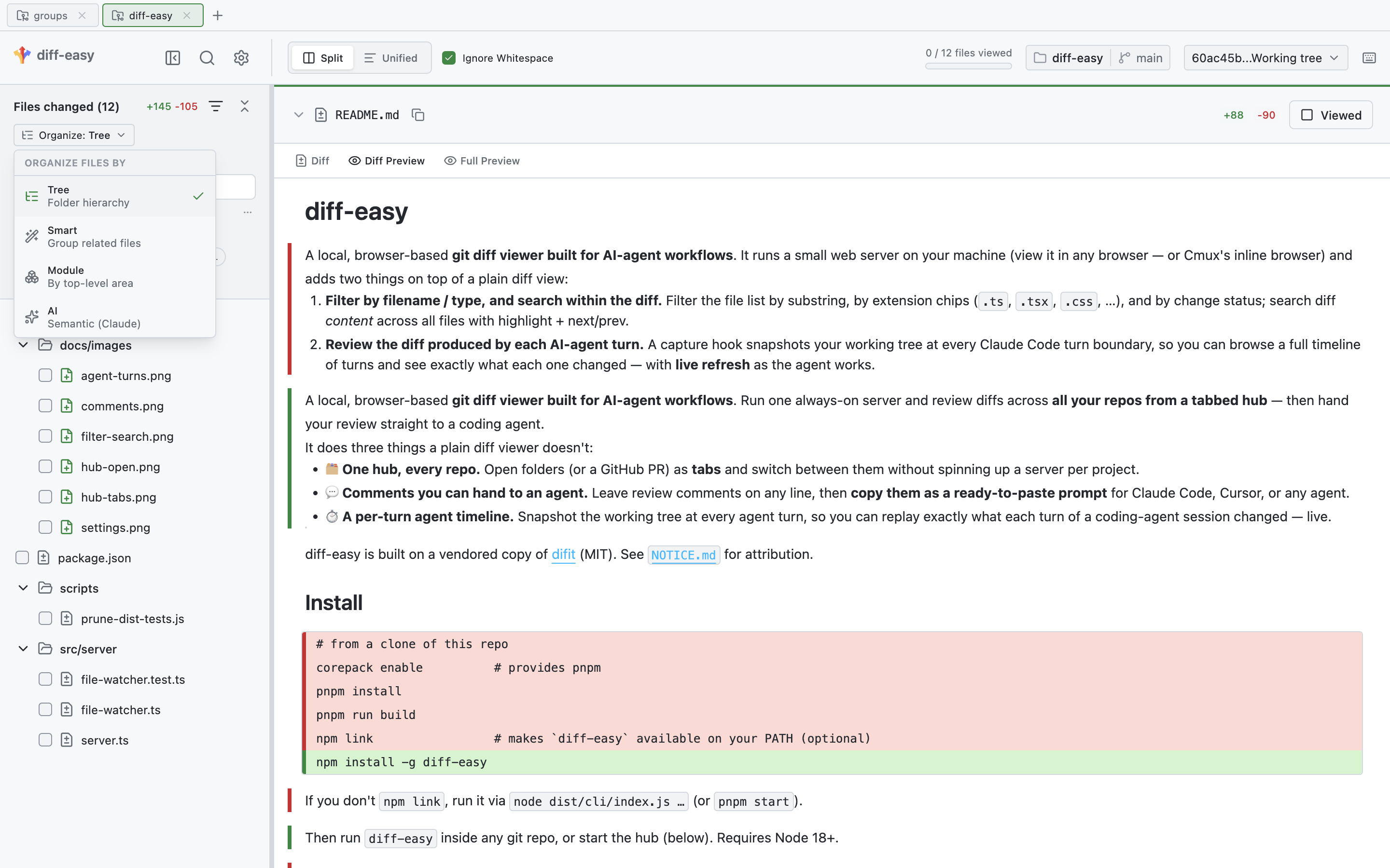 Organize files by Tree, Smart, Module, or AI