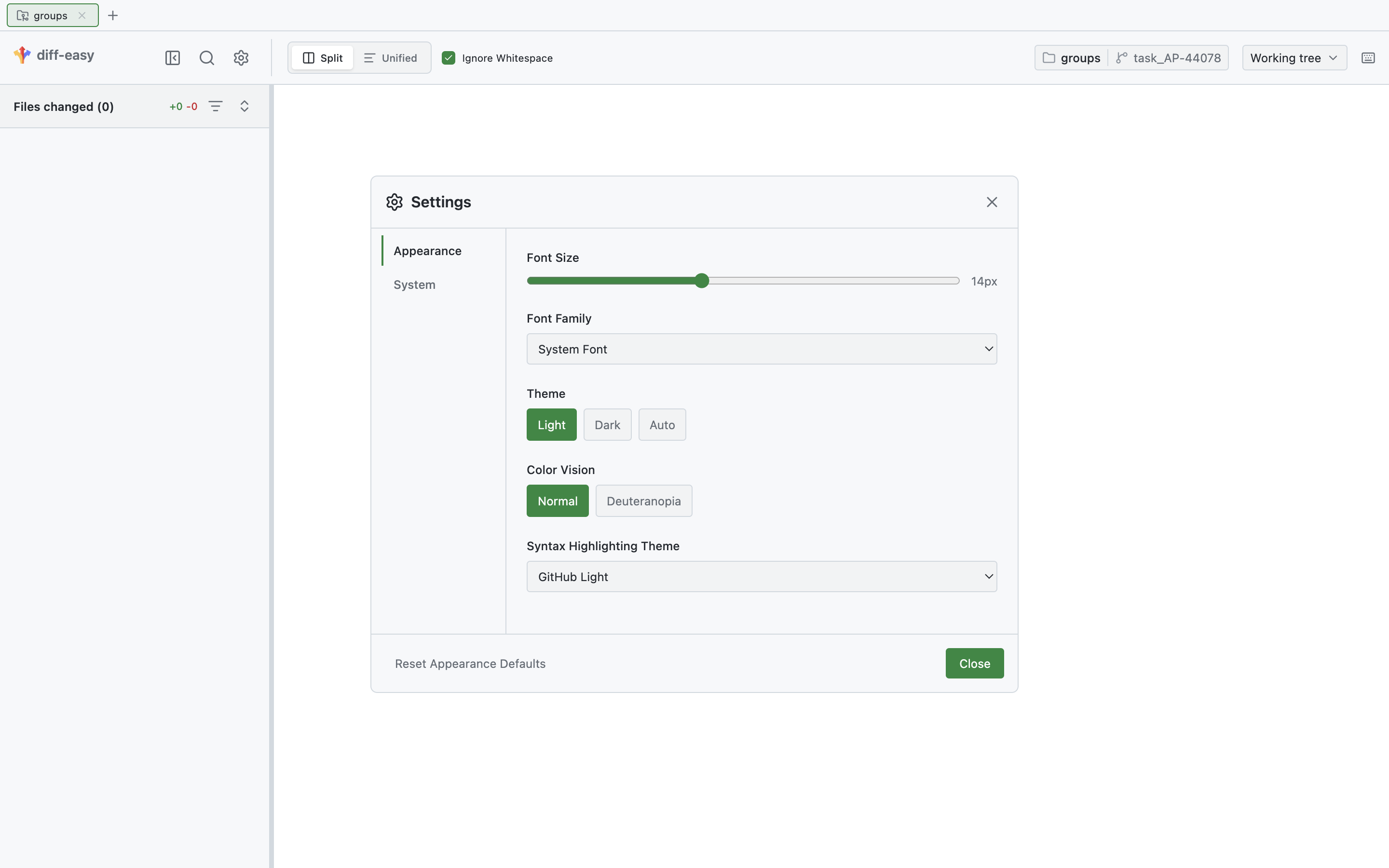 Settings — theme, font, and syntax highlighting