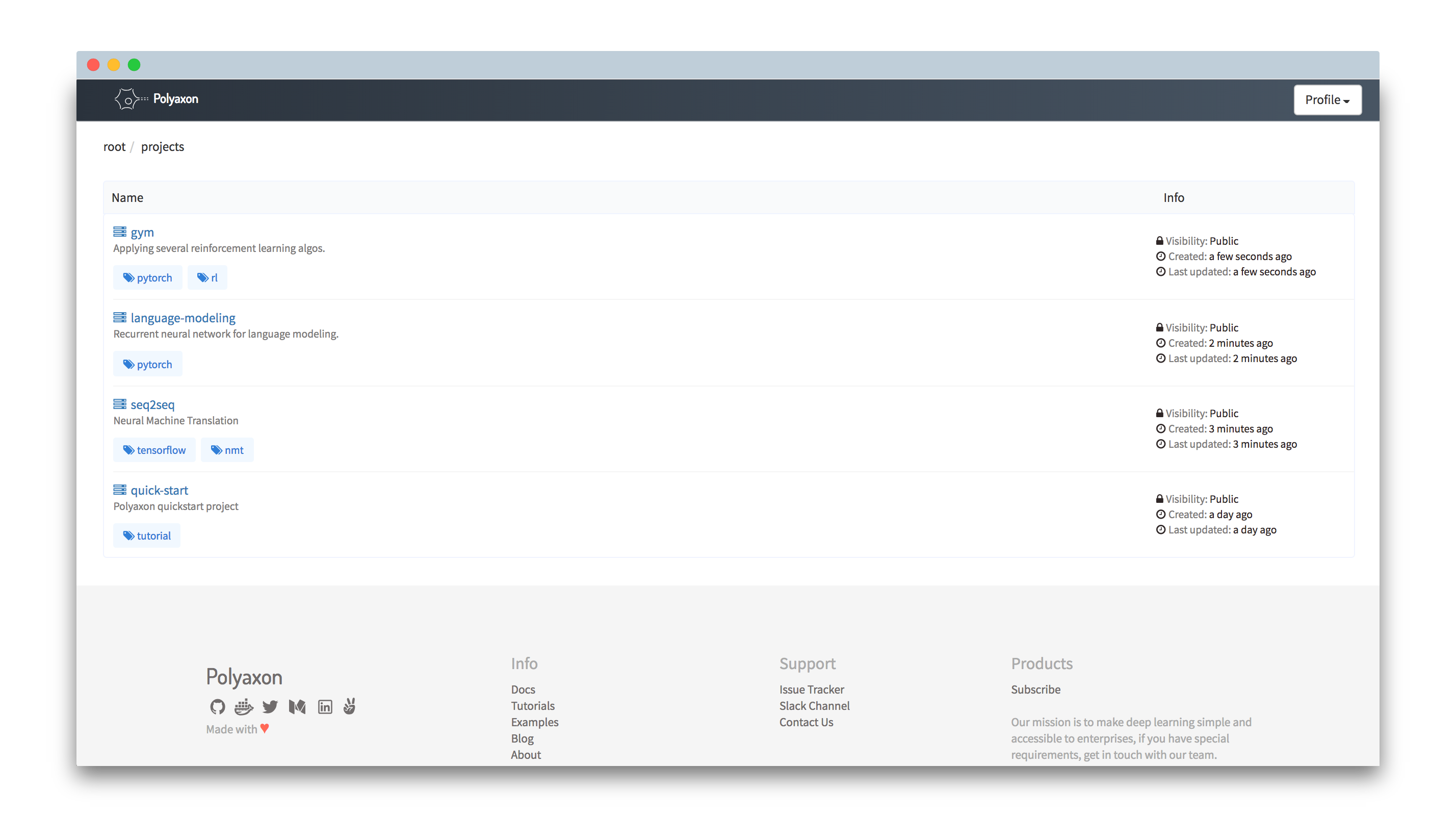 Polyaxon dashboard