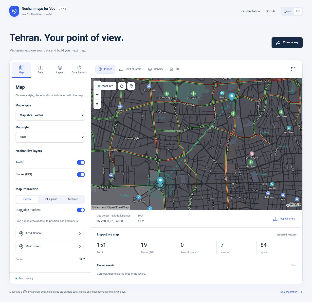 Dark Neshan MapLibre map with live traffic and custom overlays