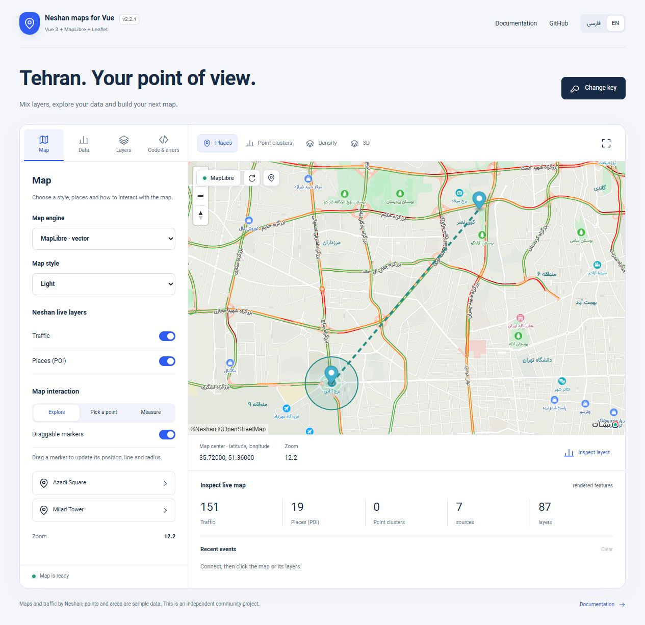 Neshan vector map in a Vue application: Tehran, live traffic, places and custom geometry
