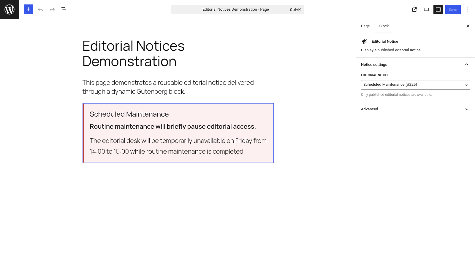 Gutenberg editor showing the Editorial Notice dynamic block, live preview, and published-notice selector