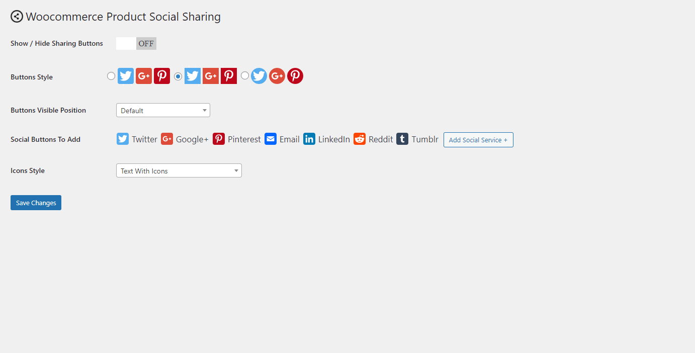 Settings panel for Social Sharer for WooComerce Plugin.