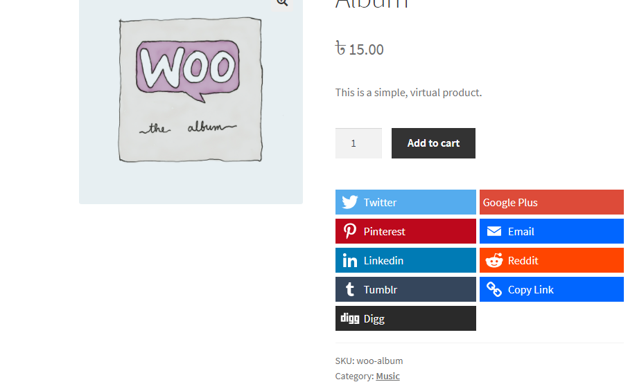 Social Sharing Buttons displayed in product page front (Icons with text default).