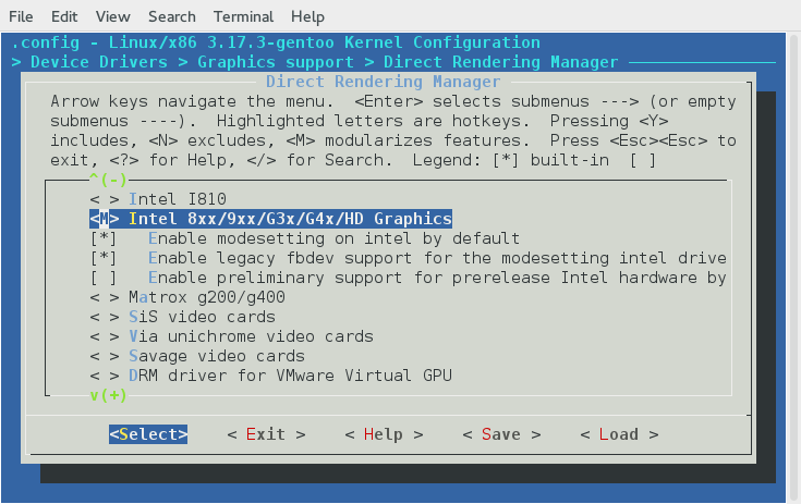 Selecting Intel graphics options in menuconfig