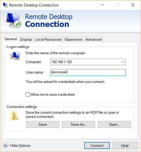 Specifying connection parameters to a Remote Desktop client on Windows