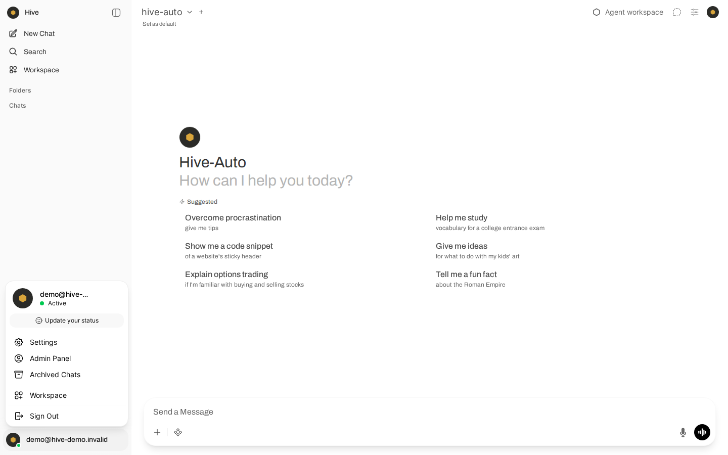 the deployed chat user menu, still showing Admin Panel