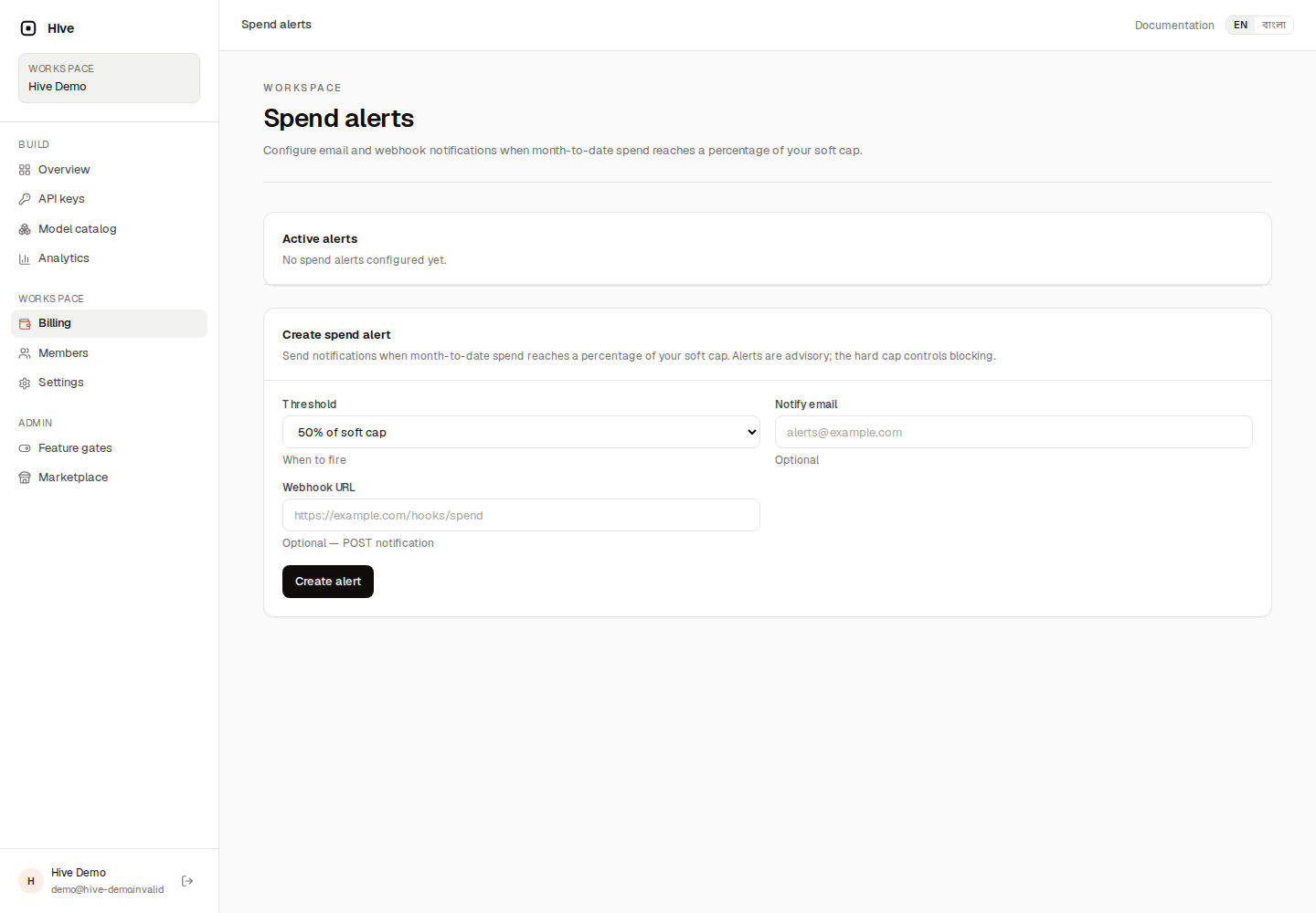 spend alerts, none configured