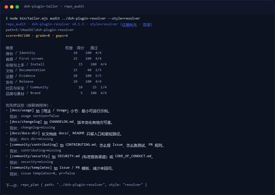 repo_audit 对 dsh-plugin-resolver 的真实输出：84/100，B 级，6 个缺口