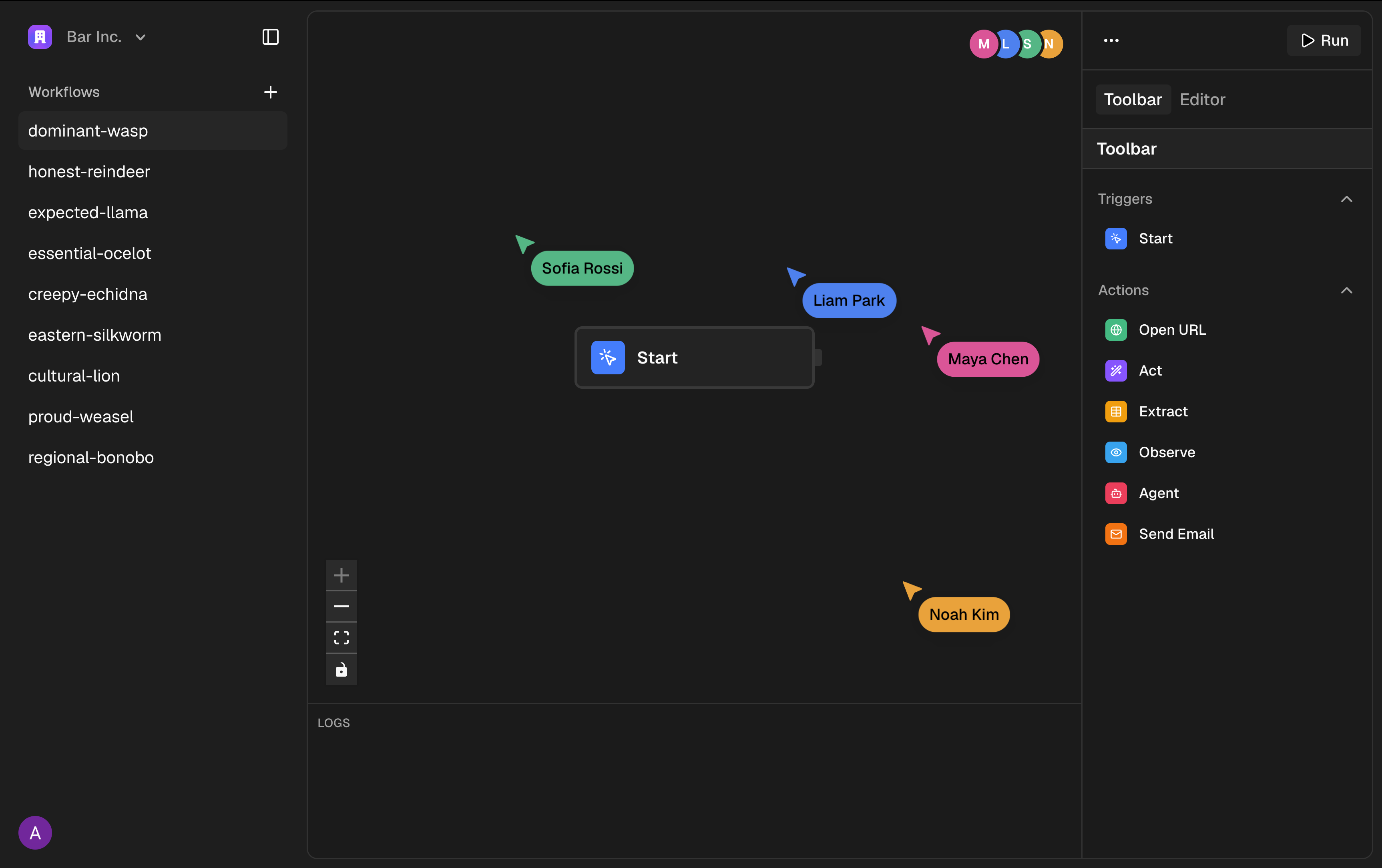 Brovio canvas with live multiplayer cursors and the node toolbar