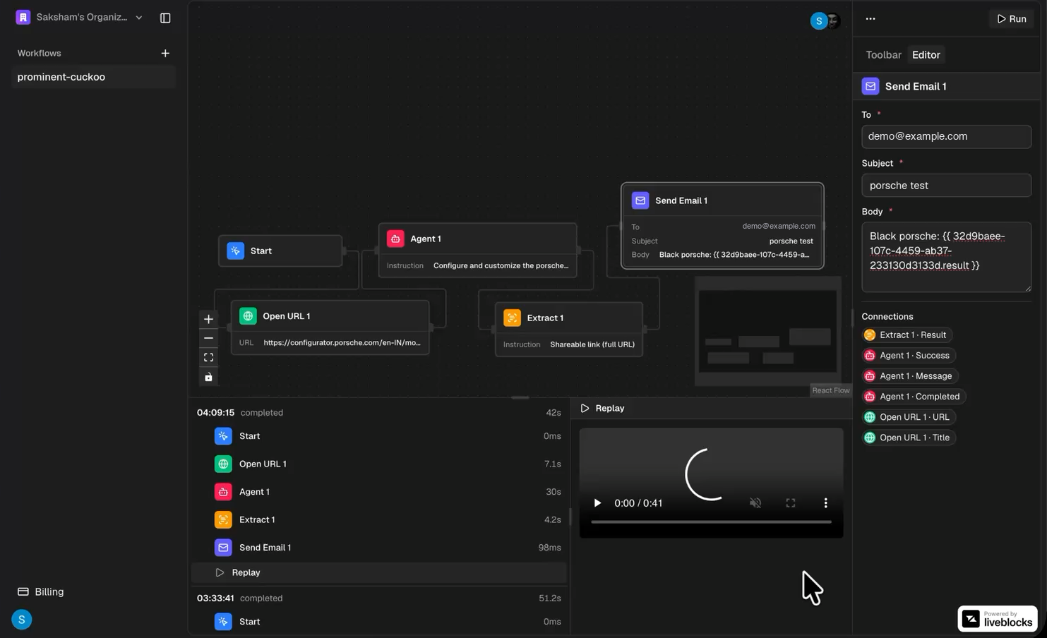 Brovio demo — building and running a workflow on the canvas