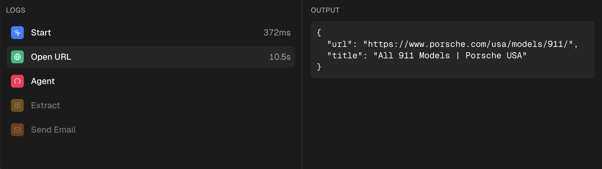 Run logs and output panel