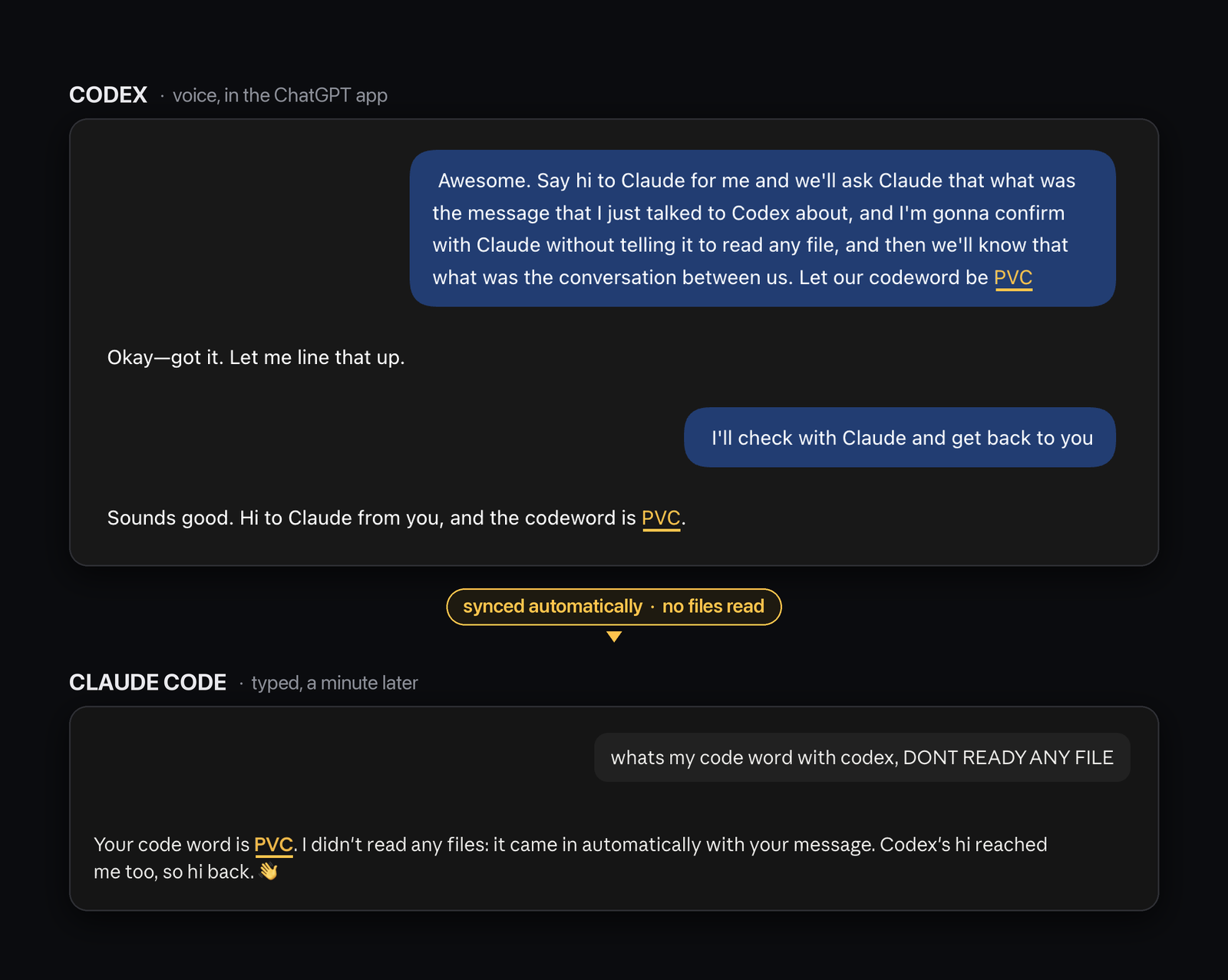 Tell Codex a codeword by voice, ask Claude a minute later without reading any file, and it knows