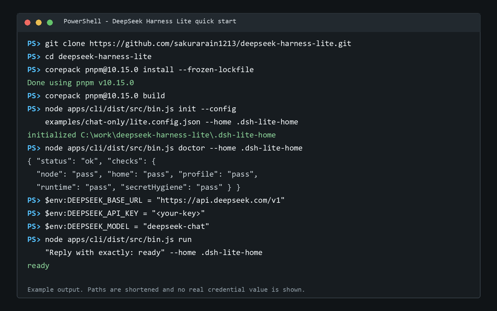 DeepSeek Harness Lite Quick Start terminal example